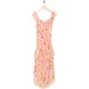 Ramy Brook Anika Ruffle Chiffon Maxi Dress In Pink Tulip Taza Ikat Print