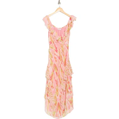 Ramy Brook Anika Ruffle Chiffon Maxi Dress In Pink Tulip Taza Ikat Print