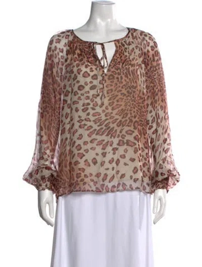 Pre-owned Ramy Brook Animal Print Tie Neck Blouse In Neutral