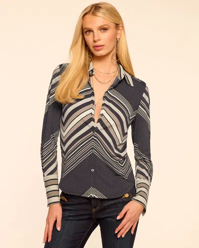 Ramy Brook Anna Chevron Knit Button Down Top In Black Chevron