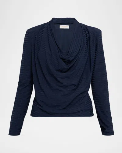 Ramy Brook Antonia Ribbed Cowl-neck Blouse In Blue