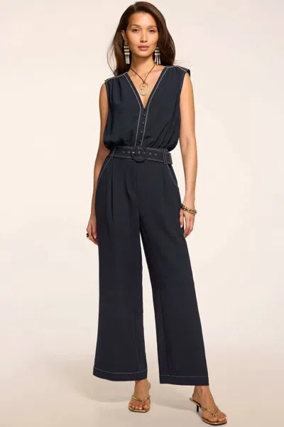 Ramy Brook Astrid V-neck Belted Sleeveless Textured Jumpsuit In Navy In Black