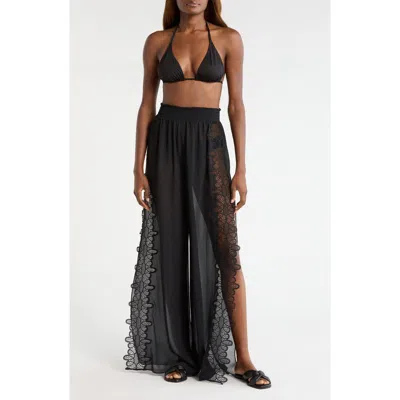 Ramy Brook Athena Lace Semisheer Split Hem Wide Leg Cover-up Pants In Black