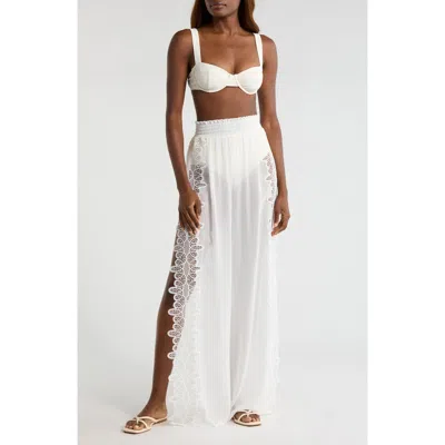 Ramy Brook Athena Lace Semisheer Split Hem Wide Leg Cover-up Pants In White