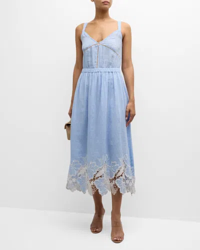 Ramy Brook Aubriella Embroidered Midi Dress In Chambray Embroidered Boho Linen