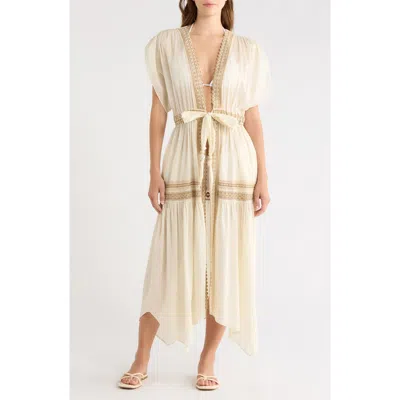 Ramy Brook Audra Lace Trim Tie Front Cover-up Dress In White