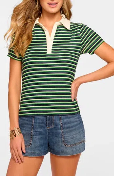 Ramy Brook Avalon Ribbed Knit Polo Top In Spring Navy Stripe Combo In Green