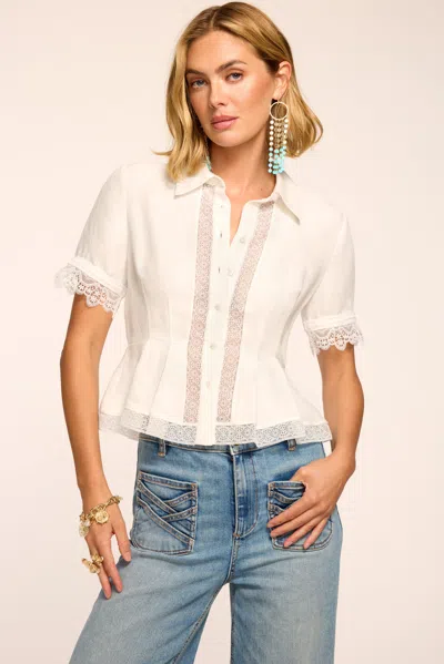 Ramy Brook Becky Embroidered Linen Short Sleeve Top In White