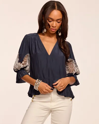 Ramy Brook Berry Embroidered Short Sleeve Blouse In Blue