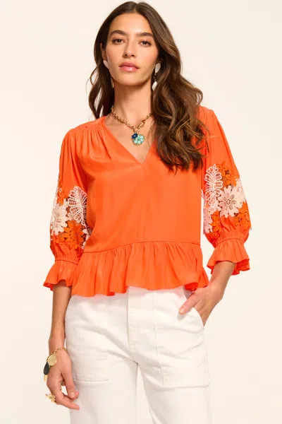 Ramy Brook Berry Embroidered Short Sleeve Blouse In Orange