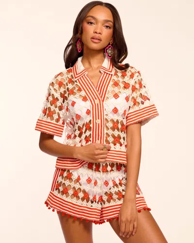 Ramy Brook Betty Crochet Button Down Coverup Top In Red