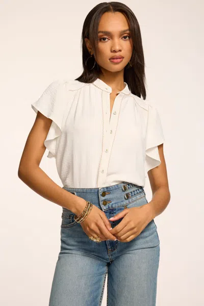 Ramy Brook Blake Cotton Poplin Flutter Sleeve Blouse In White