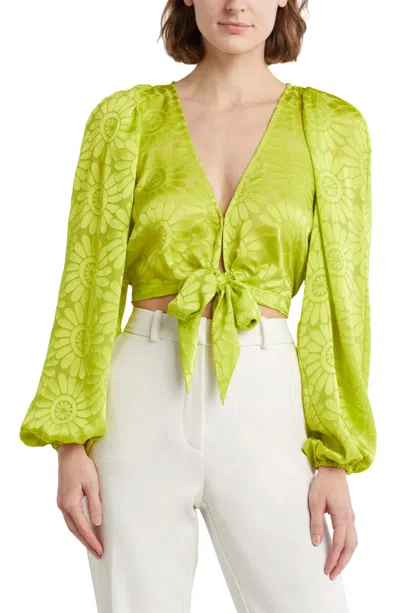 RAMY BROOK BRIANA PLUNGE NECK TIE FRONT TOP IN LIME DAISY BURNOUT