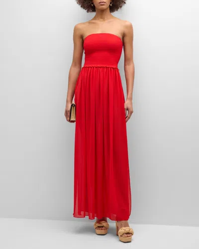 Ramy Brook Calista Smocked Strapless Side-split Coverup Dress In Red