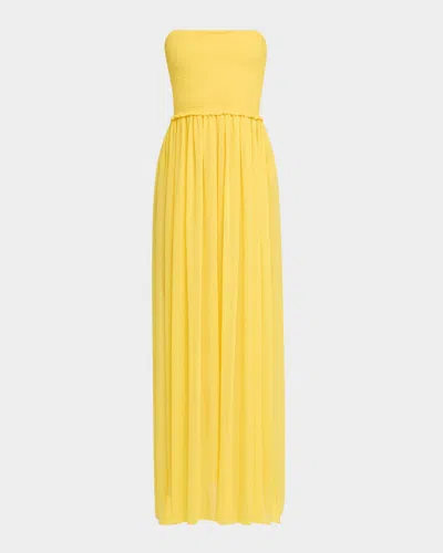 Ramy Brook Calista Smocked Strapless Side-split Coverup Dress In Lemon Drop