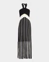 Ramy Brook Campbell Fringe Knit Halter Dress In Black Combo Stripe