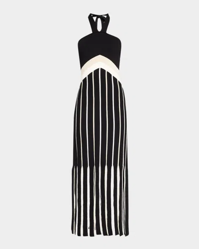 Ramy Brook Campbell Fringe Knit Halter Dress In Black Combo Stripe