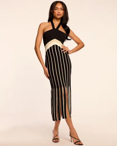 Ramy Brook Campbell Fringe Knit Halter Dress In Black Stripe