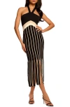 Ramy Brook Campbell Halter Midi Sweater Dress In Black Combo Stripe