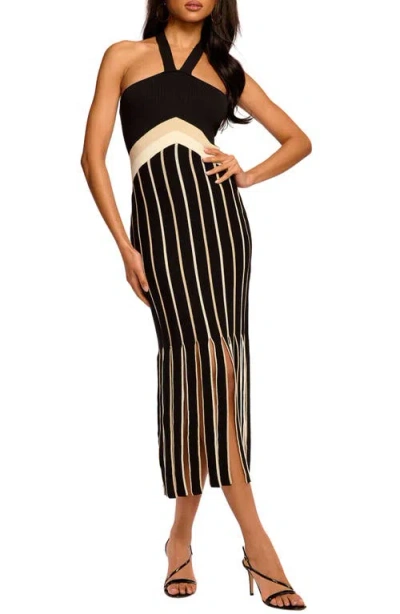 Ramy Brook Campbell Halter Midi Sweater Dress In Black Combo Stripe