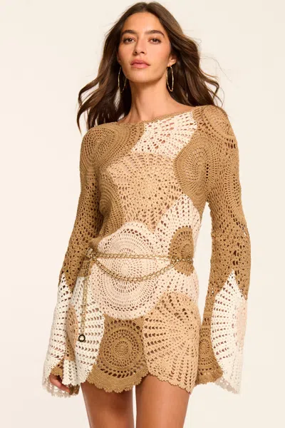 Ramy Brook Carina Long Sleeve Cotton Crochet Minidress In Brown