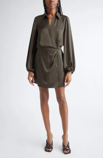 Ramy Brook Carolyn Wrap Front Long Sleeve Satin Dress In Gray
