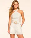 Ramy Brook Cat Embellished Linen Halter Romper In White Floral