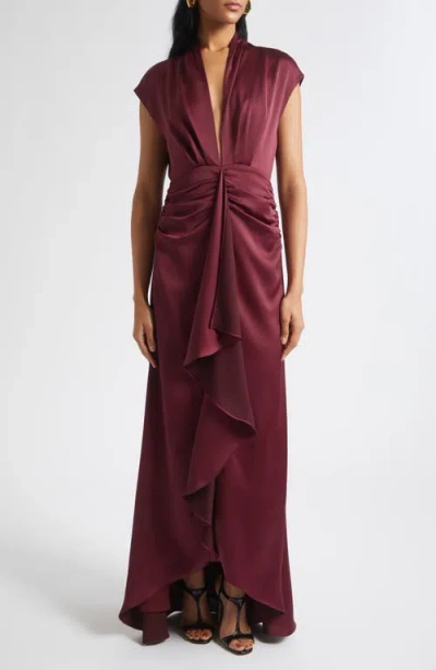Ramy Brook Catrin Plunge Neck Center Ruched Satin Gown In Brown