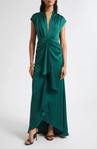 Ramy Brook Catrin Plunge Neck Center Ruched Satin Gown In Green