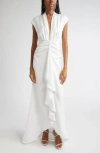 Ramy Brook Catrin Plunge Neck Center Ruched Satin Gown In White
