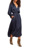 Ramy Brook Cecilia Belted Long Sleeve Satin Dress In Blue