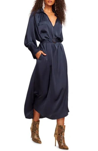 Ramy Brook Cecilia Belted Long Sleeve Satin Dress In Blue