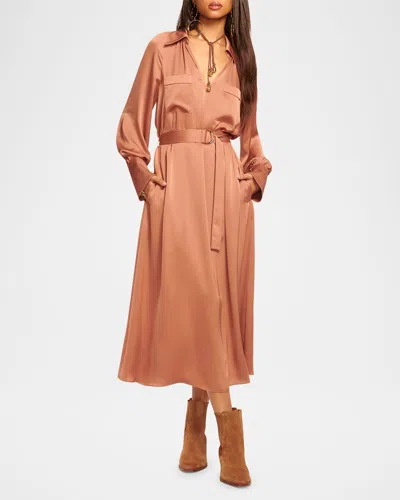 Ramy Brook Cecilia Satin Midi Shirtdress In Saddle