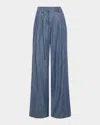 Ramy Brook Chambray Pleated Chambray Wide-leg Trousers In Blue