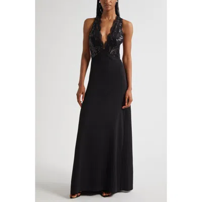 Ramy Brook Chantal Plunge Neck Mixed Media Gown In Blue