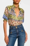 Ramy Brook Chela Silk V-neck Puff Sleeve Blouse In Blue Multi In Ribbon Blue Combo