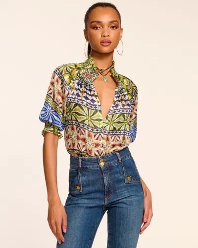 Ramy Brook Chela Silk V-neck Puff Sleeve Blouse In Blue Multi