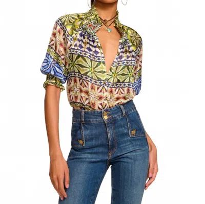Ramy Brook Chela Silk V-neck Puff Sleeve Blouse In Blue Multi In Green