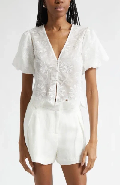 Ramy Brook Chrissie Embroidered Puff Sleeve Crop Top In White