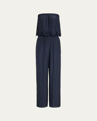 Ramy Brook Christiana Smocked Embellished Strapless Jumpsuit In Blue