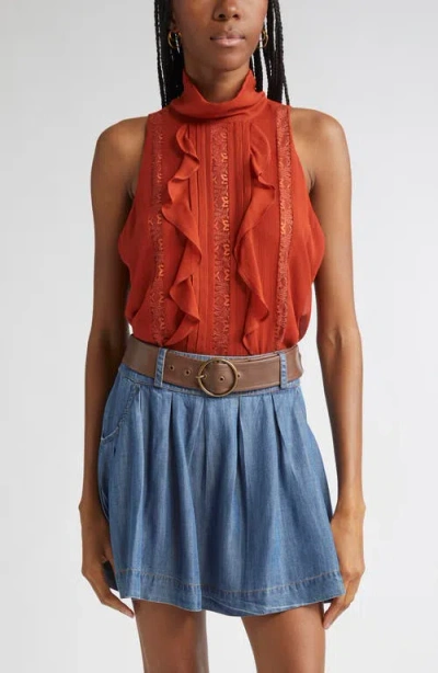 Ramy Brook Christing Lace & Ruffle Detail Sleeveless Silk Top In Orange