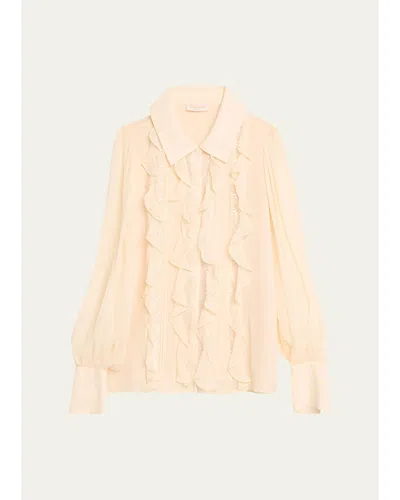 Ramy Brook Claire Ruffle Blouson-sleeve Silk Blouse In Neutral