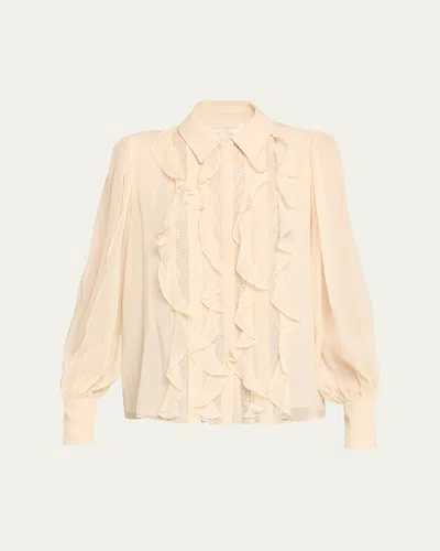 Ramy Brook Claire Silk Chiffon Ruffle Button-front Blouse In White