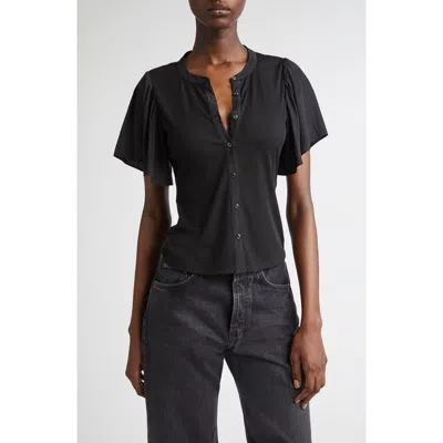 Ramy Brook Colette Mixed Media Flutter Sleeve Cotton Top In Black