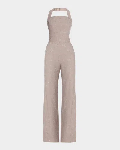 Ramy Brook Cyprus Embellished Halter Jumpsuit In Natural Rhinestone