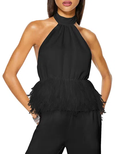 Ramy Brook Danni Womens Faux Feather Peplum Halter Top In Black