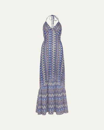 Ramy Brook Delilah Metallic Semisheer Halter Cover-up Maxi Dress In Blue