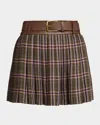 Ramy Brook Derrick Pleated Plaid Belted Mini Skirt In Brown