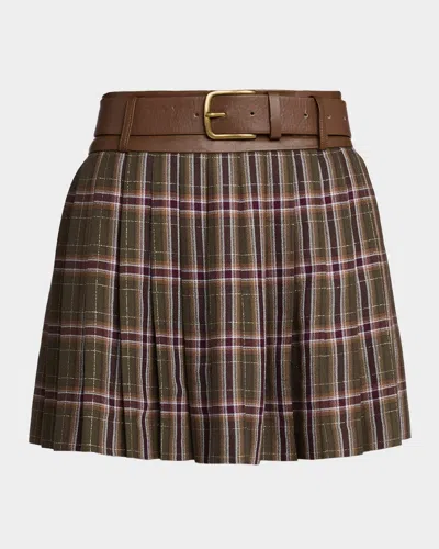 Ramy Brook Derrick Pleated Plaid Belted Mini Skirt In Brown