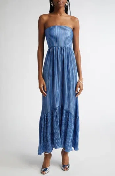 Ramy Brook Deyvani Stripe Strapless Maxi Dress In Ribbon Blue Pleated